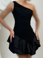 Glamorous A-line One-Shoulder Pleated Short/Mini Satin Corset Homecoming Dress