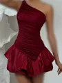 Glamorous A-line One-Shoulder Pleated Short/Mini Satin Corset Homecoming Dress