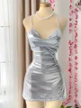 Grand Sheath Spaghetti Straps Pleated Short/Mini Metallic Satin Homecoming Dress