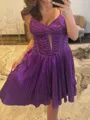 Splendiferous A-line Spaghetti Straps Ruffles Short/Mini Metallic Satin Corset Homecoming Dress