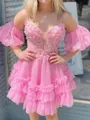 Fashion-forward A-line Spaghetti Straps Short Sleeves Appliques Lace Short/Mini Corset Homecoming Dress