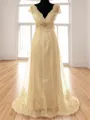 A-line Princess V-Neck Short Sleeves Sweep Train Fashion Tulle Wedding Dress With Sash
