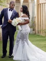 Trumpet/Mermaid Off-the-Shoulder Striking Sleeveless Court Train Tulle Wedding Dress With Ruffles