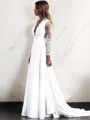 A-line V-Neck Long Sleeves Sweep Train Sophisticated Stretch Crepe Wedding Dress