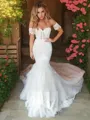 Trumpet/Mermaid Sweetheart Sleeveless Flair Sweep Train Tulle Wedding Dress With Applique