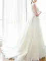 A-line Fashion V-Neck Sleeveless Court Train Lace Wedding Dress With Applique