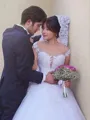 Ball-Gown Princess Sweetheart Long Sleeves Sweep Train Tulle Whimsical Wedding Dress With Lace