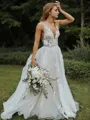 A-line V-Neck Sleeveless Dazzling Sweep Train Lace Wedding Dress
