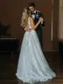 A-line V-Neck Sleeveless Dazzling Sweep Train Lace Wedding Dress
