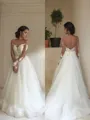 A-line Princess Feminine Off-the-Shoulder Long Sleeves Sweep Train Tulle Wedding Dress