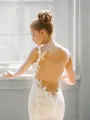 Trumpet/Mermaid Spaghetti Straps Sleeveless Sensual Court Train Open Back Tulle Wedding Dress With Applique