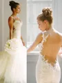 Trumpet/Mermaid Spaghetti Straps Sleeveless Sensual Court Train Open Back Tulle Wedding Dress With Applique
