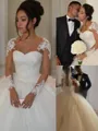 Ball-Gown Princess Scoop Long Sleeves Court Train Flowy Tulle Wedding Dress With Applique