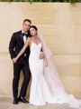 Sheath/Column V-Neck Sleeveless Court Train Contemporary Open Back Stretch Crepe Wedding Dress