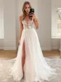 A-line Princess V-Neck Sleeveless Sweep Train Sophisticated Tulle Wedding Dress With Slit
