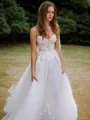 A-line Princess Feminine Sweetheart Sleeveless Sweep Train Tulle Wedding Dress