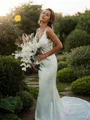 Sheath/Column V-Neck Sleeveless Court Train Flattering Silk like Satin Wedding Dress