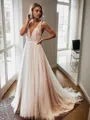 A-line V-Neck Sleeveless Sweep Train Lace Subtle Wedding Dress