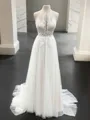 A-line Princess Halter Charming Sleeveless Sweep Train Tulle Wedding Dress