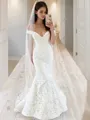 Trumpet/Mermaid Off-the-Shoulder Sleeveless Glamorous Sweep Train Lace Wedding Dress With Applique