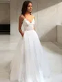 A-line Princess V-Neck Sleeveless Tea-Length Tulle Pretty Wedding Dress