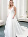 A-line V-Neck Sleeveless Court Train Satin Exquisite Wedding Dress