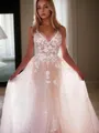 A-line Refined V-Neck Sleeveless Chapel Train Lace Wedding Dress