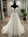 A-line Princess V-Neck Timeless Sleeveless Sweep Train Tulle Wedding Dress