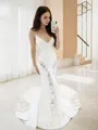 Trumpet/Mermaid V-Neck Flair Sleeveless Sweep Train Satin Wedding Dress With Lace