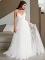 A-line Princess V-Neck Sleeveless Pretty Sweep Train Tulle Wedding Dress