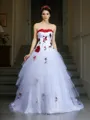 Opulent Ball-Gown Strapless Sleeveless Court Train Satin Wedding Dress With Hand-Made Flower