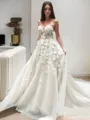 A-line V-Neck Sleeveless Refined Sweep Train Lace Wedding Dress