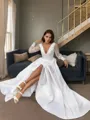 A-line V-Neck Long Sleeves Sweep Train Timeless Satin Wedding Dress