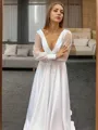 A-line V-Neck Long Sleeves Sweep Train Timeless Satin Wedding Dress