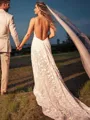 Sheath/Column V-Neck Sleeveless Sweep Train Fashion Open Back Lace Wedding Dress