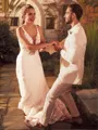 Sheath/Column V-Neck Sleeveless Sweep Train Fashion Open Back Lace Wedding Dress