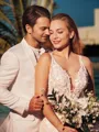 Sheath/Column V-Neck Sleeveless Sweep Train Fashion Open Back Lace Wedding Dress
