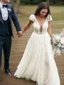 A-line V-Neck Short Sleeves Sweep Train Beautiful Lace Wedding Dress