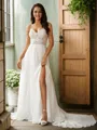 A-line V-Neck Classic Sleeveless Court Train Chiffon Wedding Dresses