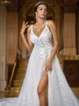 A-line Chic V-Neck Sleeveless Sweep Train Lace Wedding Dresses