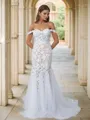 Flattering Trumpet/Mermaid Off-the-Shoulder Tulle Cathedral Train Corset Wedding Dress With Appliques Lace