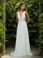A-line Fashion V-neck Taffeta Sweep Train Wedding Dress With Appliques Lace