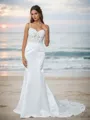 Fitted Trumpet/Mermaid Spaghetti Straps Satin Chapel Train Corset Wedding Dress With Appliques Lace
