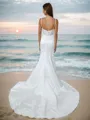 Fitted Trumpet/Mermaid Spaghetti Straps Satin Chapel Train Corset Wedding Dress With Appliques Lace