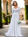 Modest A-line V-neck 3/4 Sleeves Floor-Length Chiffon Wedding Dress With Appliques Lace