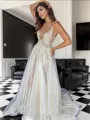 Charming A-line Court Train Tulle Wedding Dress With Appliques Lace