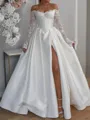Stunning A-Line Off-the-Shoulder Long Sleeves Appliques Lace Floor-Length Satin Corset Wedding Dress
