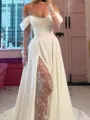 Splendid A-Line Off-the-Shoulder Long Sleeves Appliques Lace Chapel Train Stretch Crepe Corset Wedding Dress