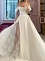 Splendid A-Line Off-the-Shoulder Long Sleeves Appliques Lace Chapel Train Stretch Crepe Corset Wedding Dress