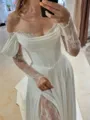 Splendid A-Line Off-the-Shoulder Long Sleeves Appliques Lace Chapel Train Stretch Crepe Corset Wedding Dress
